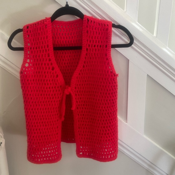 handmade Jackets & Blazers - Handmade red crochet tie front vest